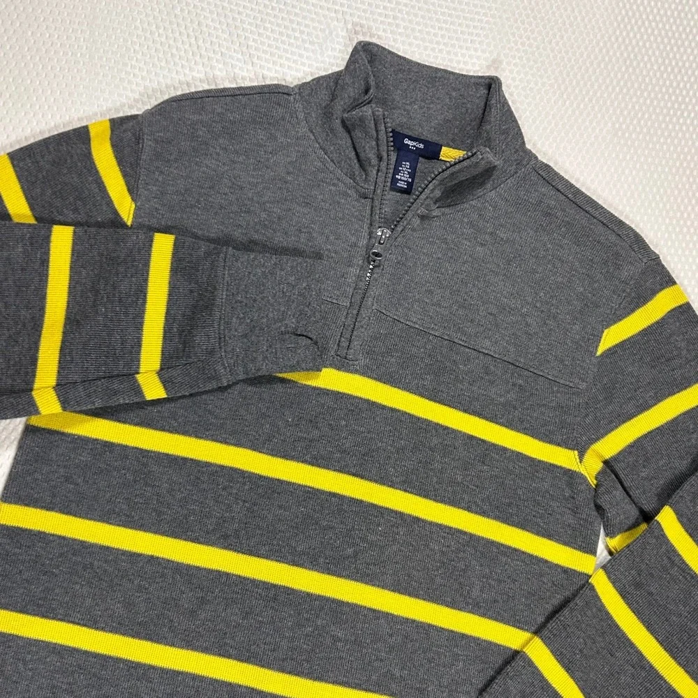 Gap Kids Quarter Zip Pullover Sweater Boys XL 12 Gray Yellow Striped Knit Preppy